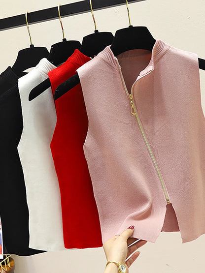 2026 Summer Spring zipper Knit Tank Top Cami Korean Camisole Elastic Vest O Neck Solid Color New Slim Breathable Tops White