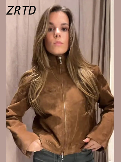 Street Women's Short Suede Jackets Stand Collar Zipper Full Sleeve Female Coats 2025 Autumn Lady Fashion Y2k Outwear New