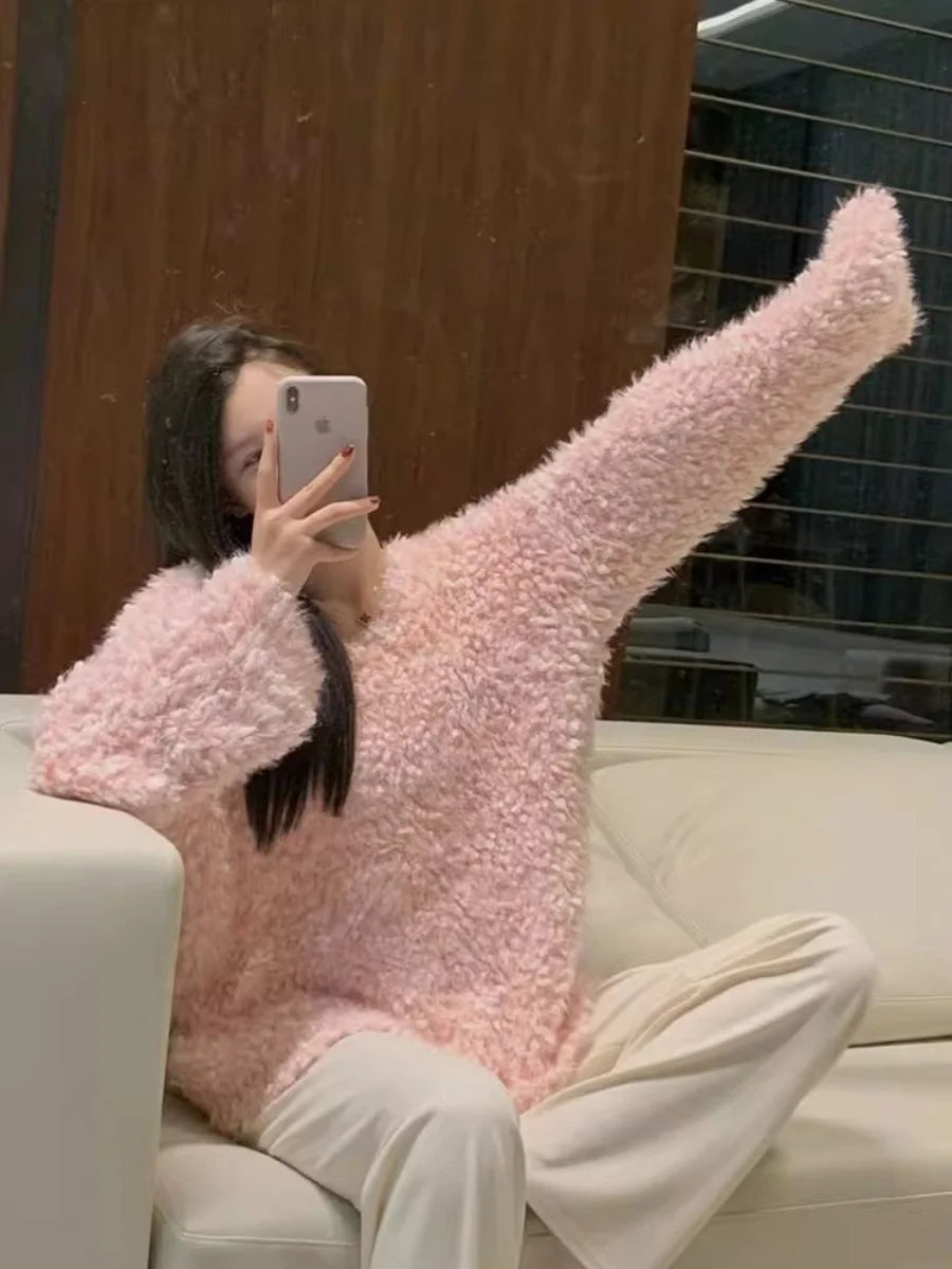 Soft Pink Long Sve Sweater Jaet Women's Autumn Winter Faionable Casual Loose Fit Cotton Blend Comfortable V-Ne Top