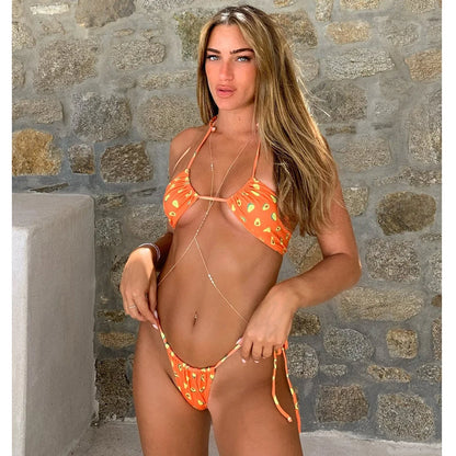 2025 New Sexy Low Bikini Set Swimwear Women Print Floral Brazilian Halter Backless Swimsuit Strappy Beachwear Dot biquini female