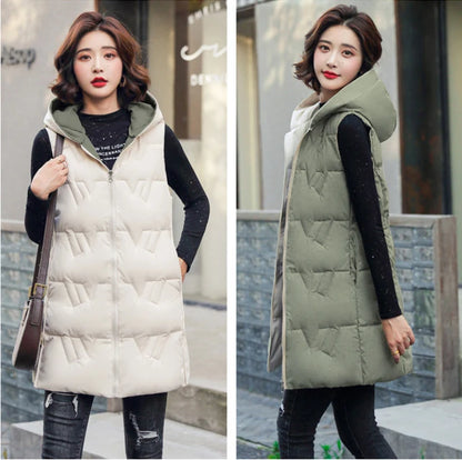 Double Side Vest Korean Slim Hooded Down Cotton Vest Women Waistcoat Sleeveless Jacket 2025 Autumn Winter Jacket Female Coat