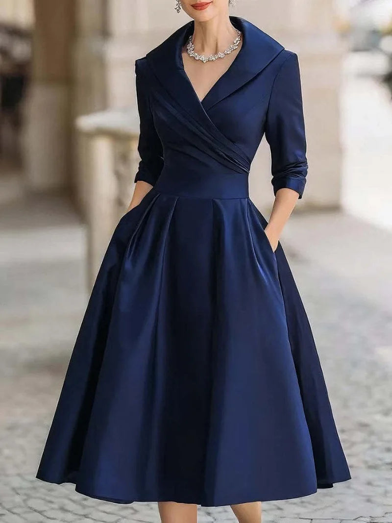 Elegant Solid Color Waist Cinching Sexy V-neck Dress Autumn Winter Women's Clothing New Long Sleeved Dress Pockets Ropa Mujer