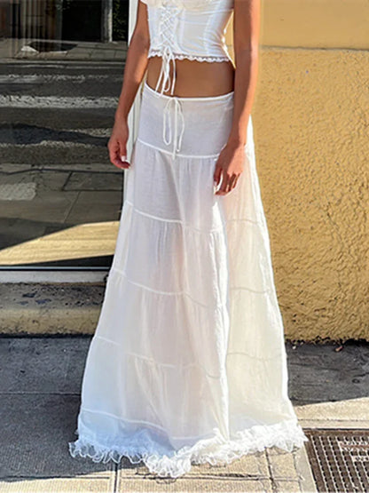 Women Long Skirts Tie-Up High Waist Layered Lace Hem Pleated Skirts Summer Fall Retro Fashion Casual Skirts