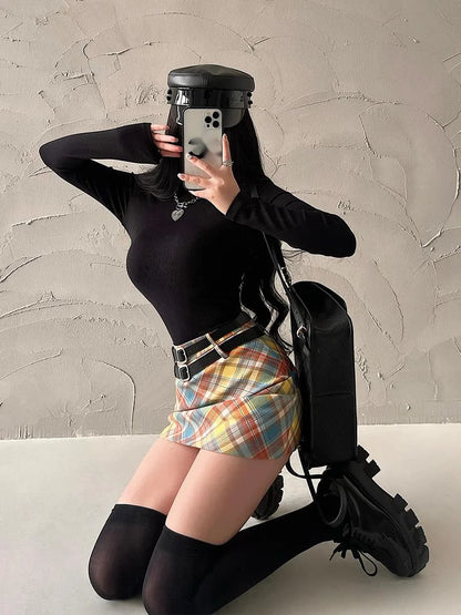 WOMENGAGA Fashion Women Mini Skirts High Waist Slim Double Waistband Plaid Skirt Hip Short Skirt Sweet Spice Girls A8P1
