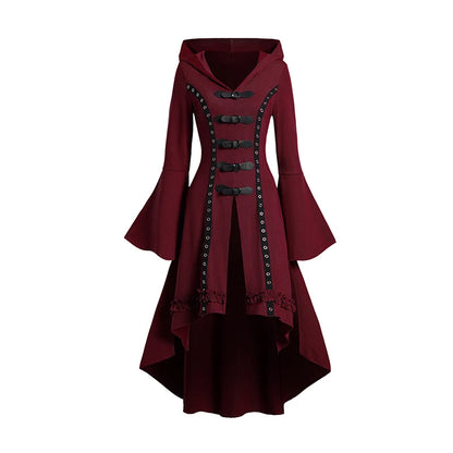 Dressfo Women's Grommet Gothic Hooded Top High Low Hem Buckle Flare Sleeve Frilled Top Long Sleeves Hooded Halloween Tops