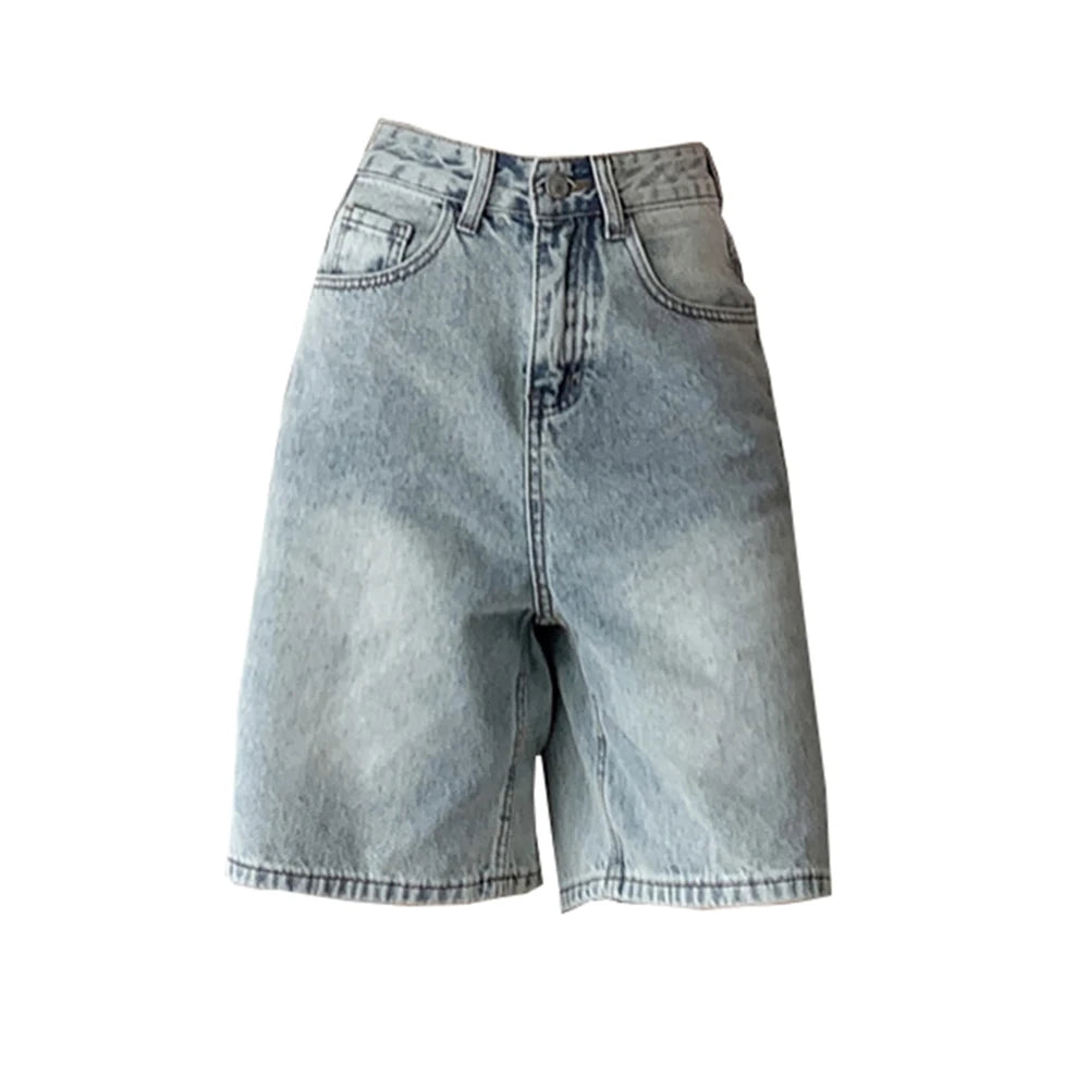 Trendy Women's Y2K High Waist Light Wash Oversized Denim Shorts Bermuda Length Wide Leg Trousers for 2026