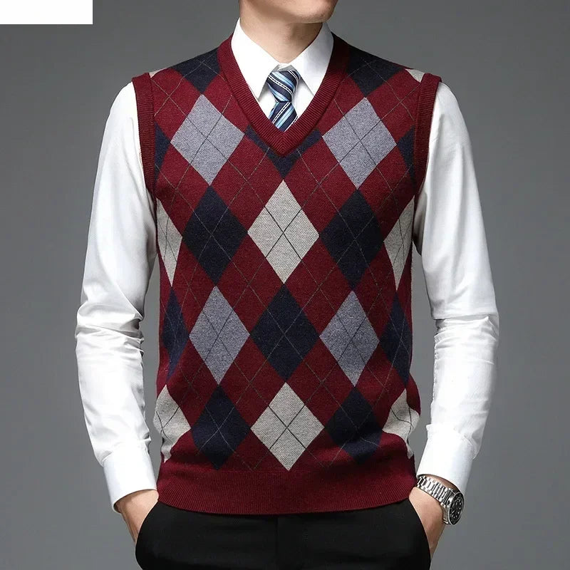 New  Men's Casual Knitted Wool Sweater Vest V-neck Knit Pullover Jacquard Plaid Sleeveless Tops Business Office Men's Vest