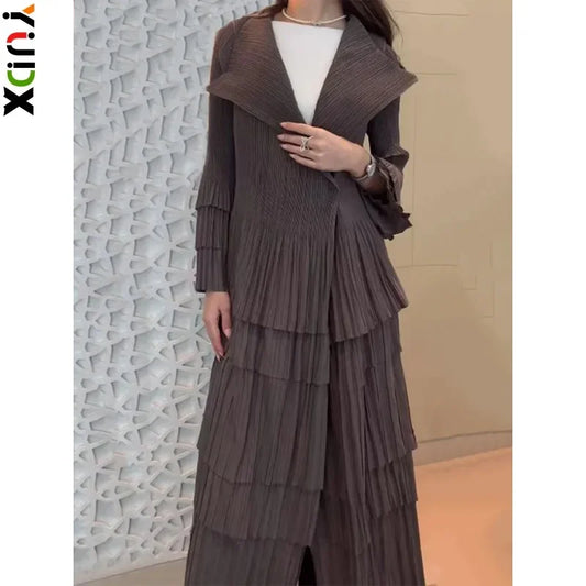 YUDX Miyake Pleated Spliced Ruffles Trench Coat Women Lapel Full Flare Sleeve Single Button Solid Color New 2025 Outwear Tops