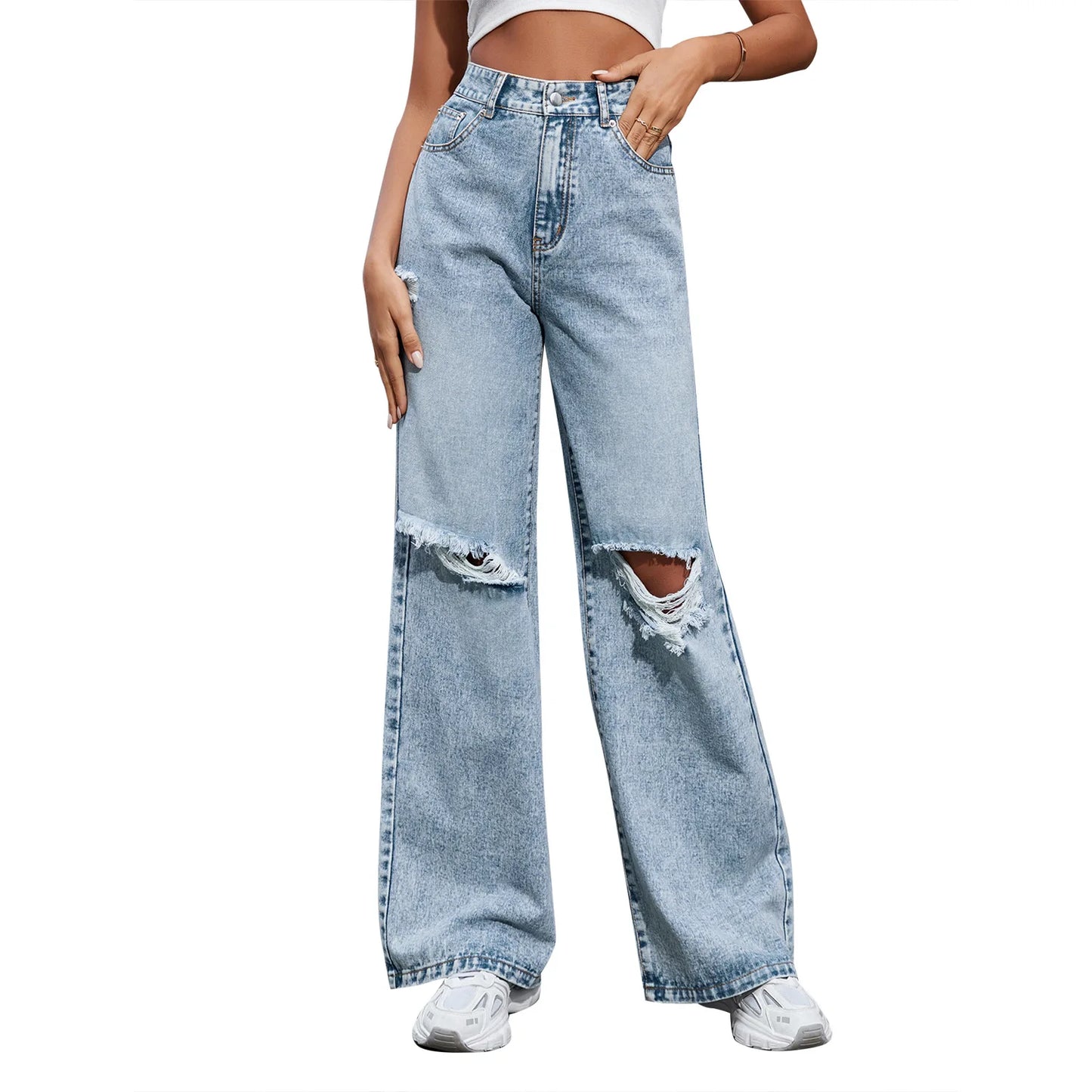 Denim Jeans Women Pant Wide Leg Long Pants Casual Loose High Waist Button Y2k Streetwear Hole Temperament Work Straight Trousers
