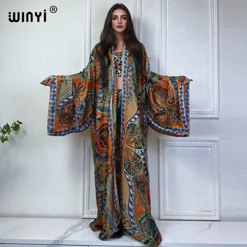 WINYI Classic bohemian beach cover up Swim Suit elegant African women boho Cardigan sexy Holiday long Sleeve Kimono beach dress