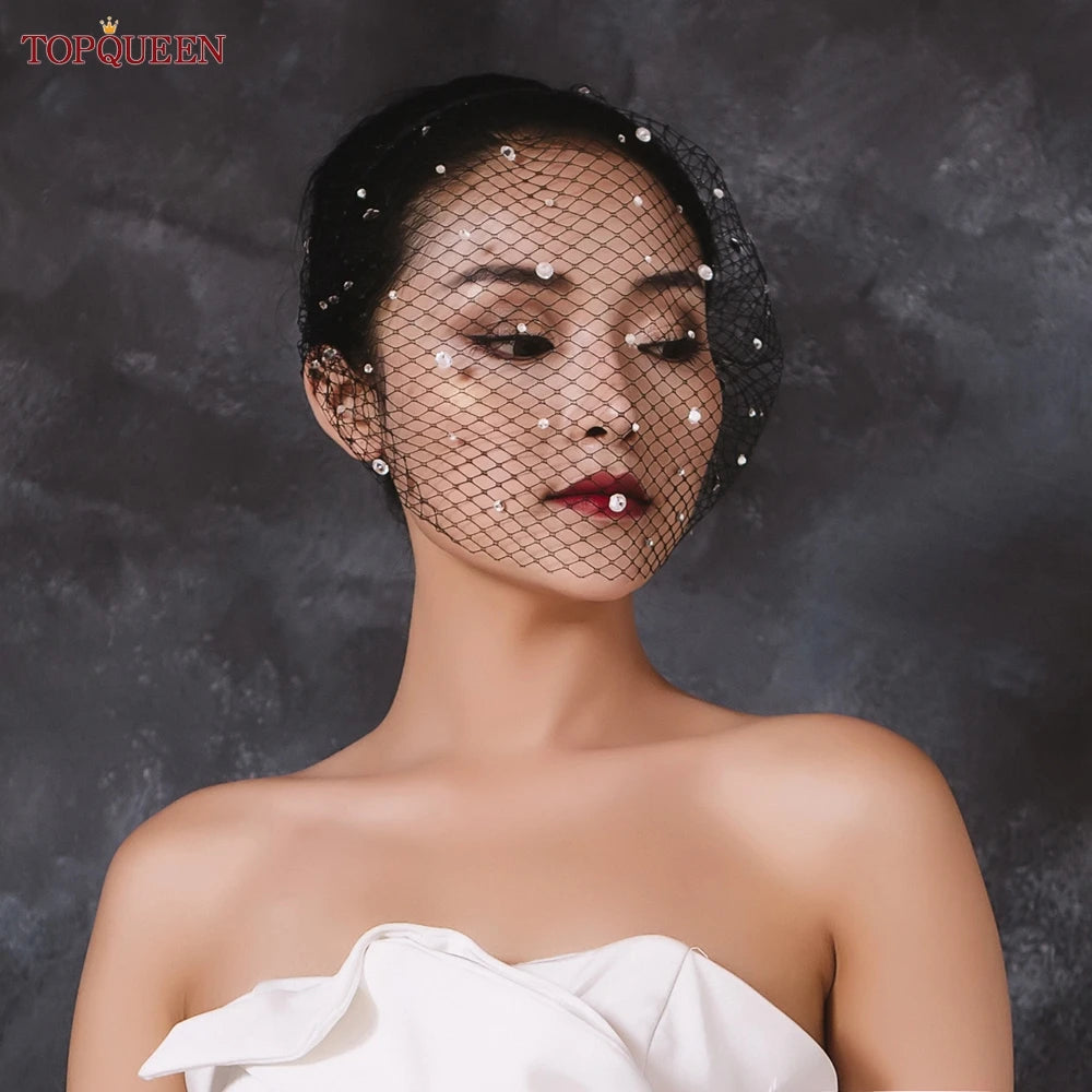 TOPQUEEN VA12 Wedding Birdcage Veil Bridal Blusher Veil White Headband Veil for Bridal Fascinators Black Face Net Mask Bachelore