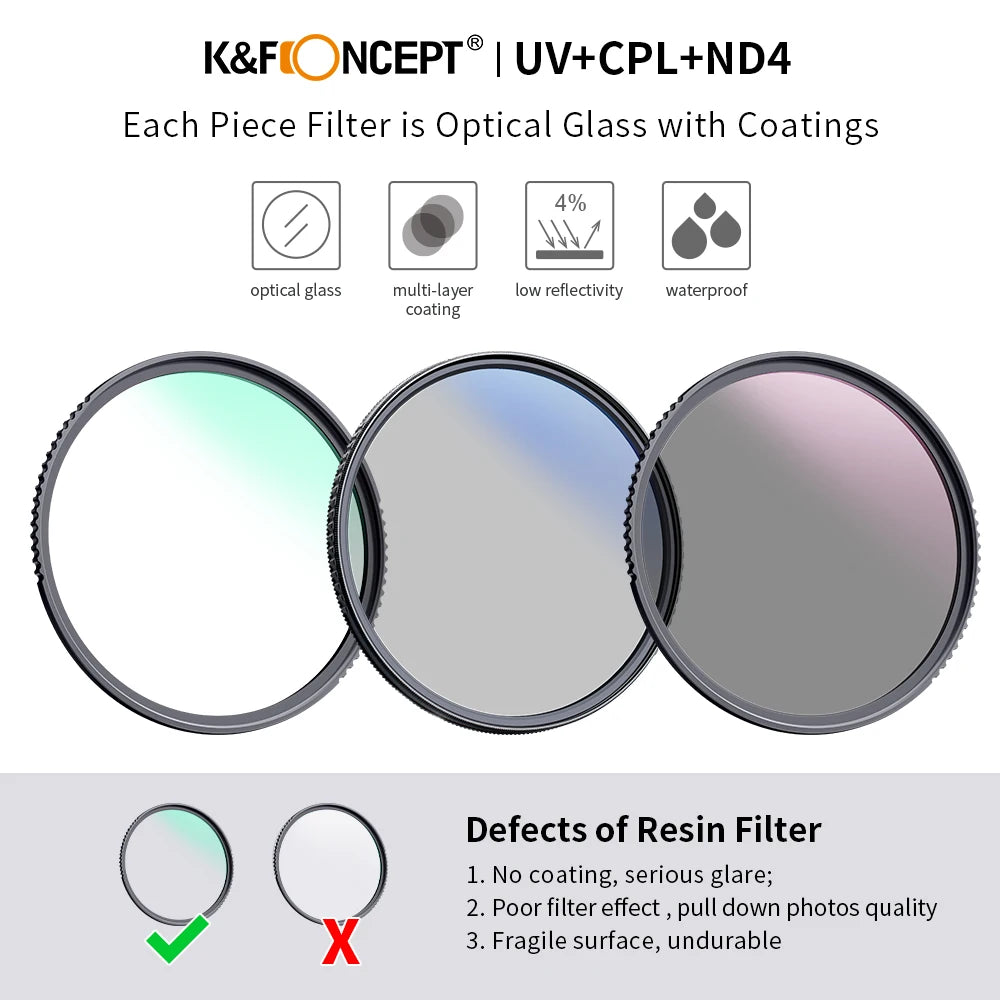 K&F CONCEPT Filter Kit Netural Density ND4 MC UV CPL filter Camera Lens Bundle 1 Cleaning Cloth and Filter Pouch 58mm 62mm 67mm