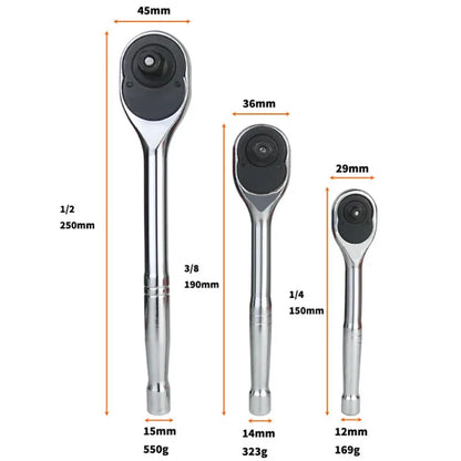 Ratchet Wrench, 1/4'' 3/8'' 1/2'' Drive 24-Tooth Reversible Socket Ratchet With Quick Release, Chrome Alloy , Fully Polished