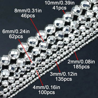 BTFBES 2-10mm Silver Color Round Beads Natural Stone Hematite Gem Non-magnetic Loose Ball For Jewelry Bracelet Necklace DIY 15''