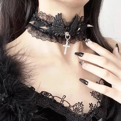 Fashion Solid Color Women Girls Necklace Wide Lace Rivets Lolita Lace Choker Y2K Angel Wings Cool Leather Necklace Daily Wear