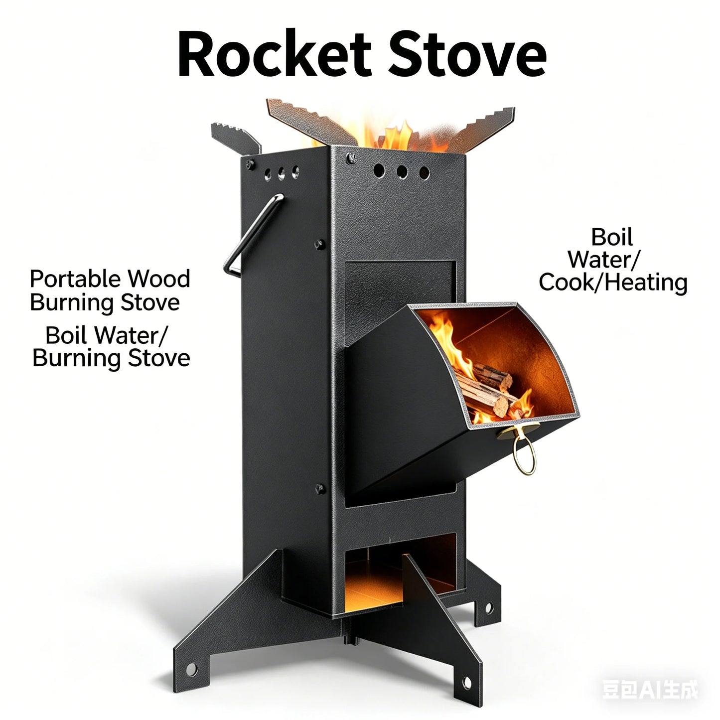 Portable Rocket Stove, Thick Manganese Steel Wood Burning Stove, Foldable Camping, Outdoor Cooking, Heating, Picnic