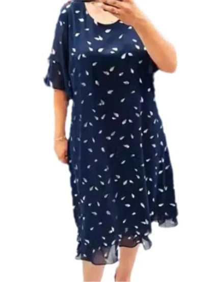 Fashion Print Midi Dress Summer Round Neck Short Sleeve Casual Loose Dress Elegant Women Splice Chiffon A Line Dresses Vestidos