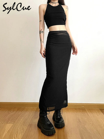 Sylcue Black Simple All-match Casual Commuter Summer Street Travel Cool Youth Vitality Tight Sexy High-elastic Women's Skirt