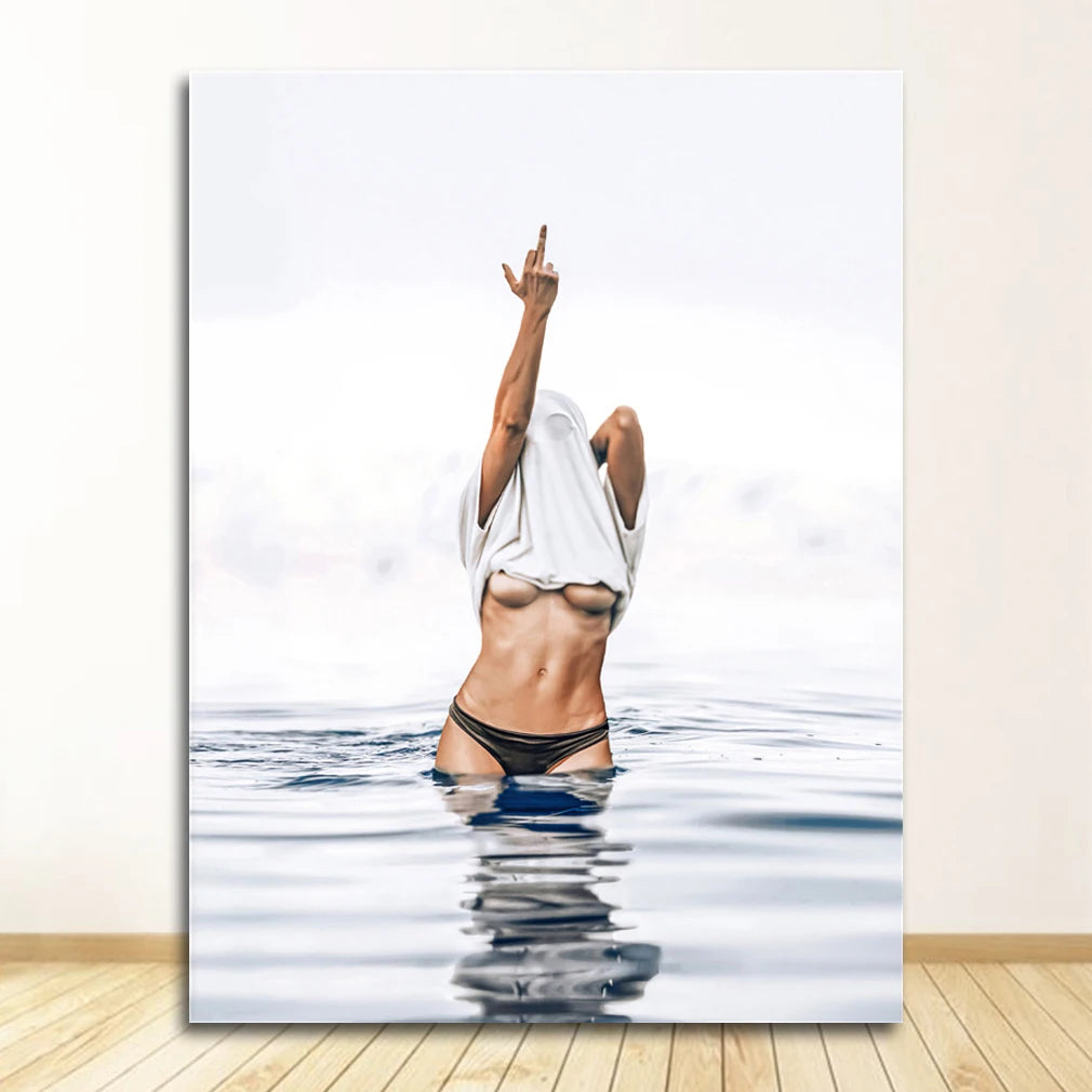 Wall Art Woman Pictures Living Room Decor Fashion Black White Poster Sexy Middle Finger Feminist Canvas Painting