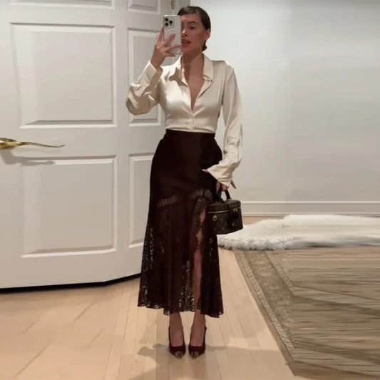 2026 Vintage Brown Lace Irregular Skirt Women Vintage Satin High Waist Slim Fit See Through Skirts New Spring Lady Party Outfits