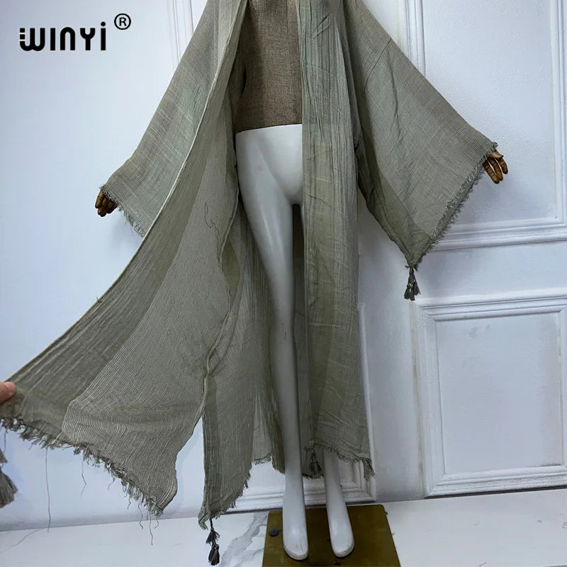 WINYI kimono Make an old fringed cardigan abaya dubai luxury Elegant beach outfits for women sexy cotton feeling dress kaftan