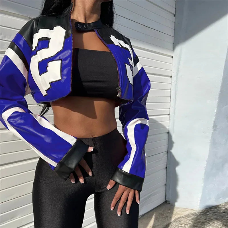 CM.YAYA Women Fashion Letter Printed Patchwork Zipper Fly Moto and Biker Style Faux Leather PU Jackets