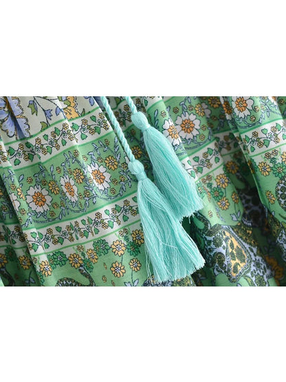 Women Vintage Summer Ruffles Tassel Pleasted Bohemian Skirt Green Floral Printed Rayon Lady Bottoms Boho Mini Skirts