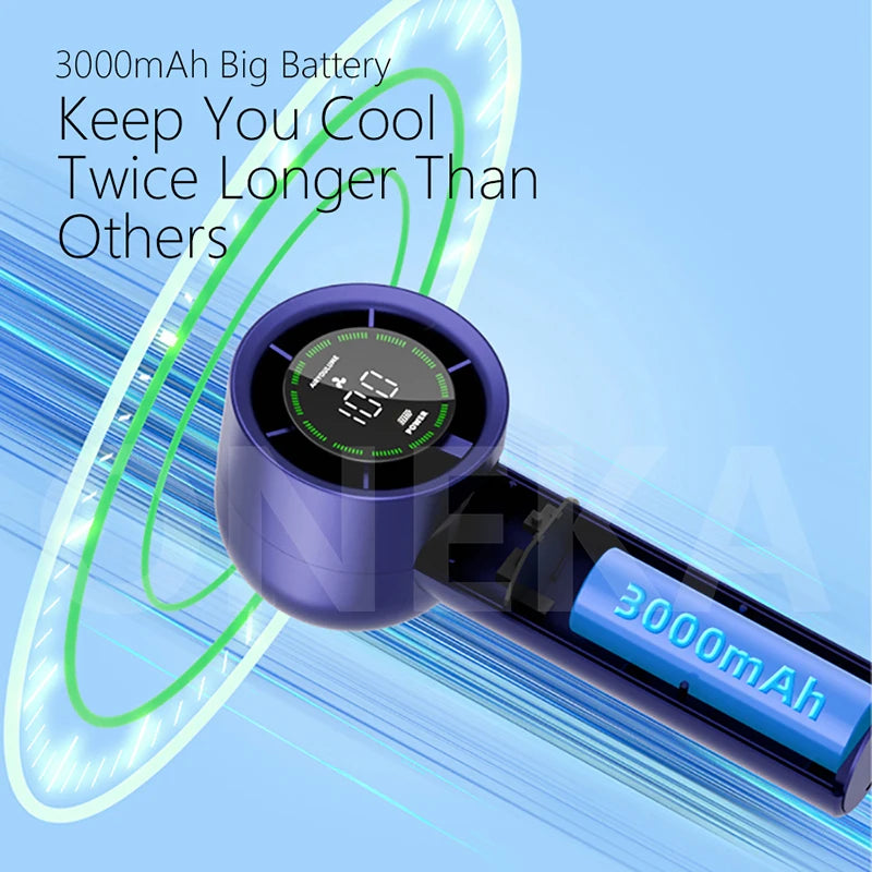 Portable handheld fan, 4 trendy colors, delivers refreshing cool breeze, stylish and versatile, with long-lasting battery life.