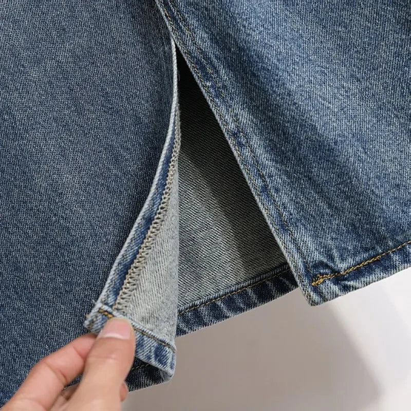 Spring/Summer 2026New Lady Drawstring Elastic Waist Split Denim Skirt High Waist Slim Retro Denim Casual A-Line Skirts Female