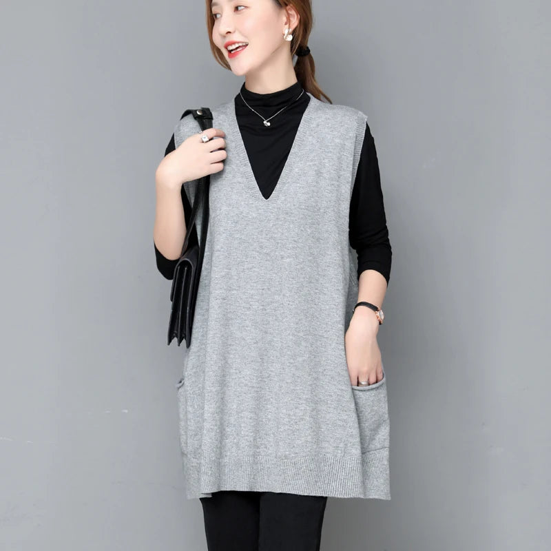Autumn Winter Loose Svel Knitted Vest Women's Outerwear Faionable Slimming Korean Sle Polyester Fiber V-ne