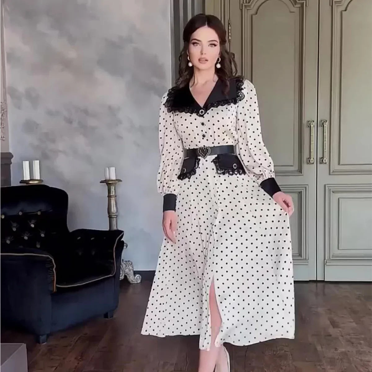 Fashion Slim Print Women'S Dress Elegant Doll Collar Long Sleeve Office Midi Dresses Casual High Waist Female Dress