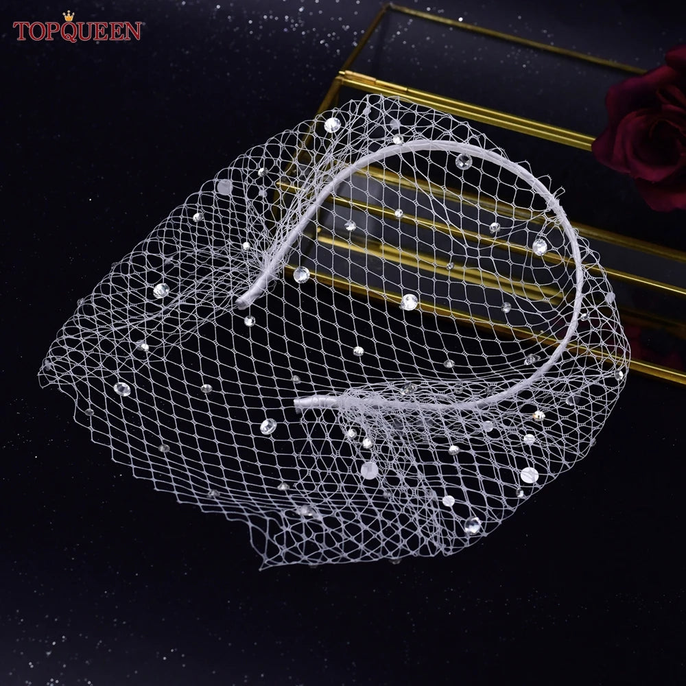 TOPQUEEN VA12 Wedding Birdcage Veil Bridal Blusher Veil White Headband Veil for Bridal Fascinators Black Face Net Mask Bachelore