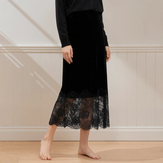 Elegant Black Velvet Midi Skirt Women Autumn Winter High Waist Lace Patchwork Sheer Hem A-Line Long Skirts Vintage Gothic Party