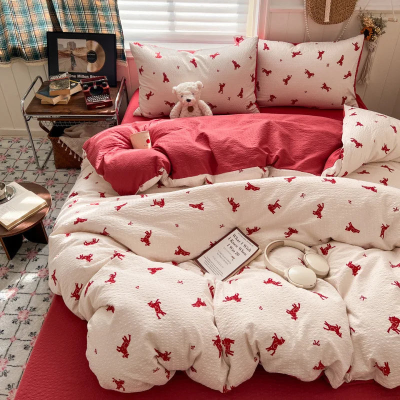 Ins Style Printed All-Cotton Bedding Set Antibacterial Dormitory Bedclothes for Students Comfort Skin-Friendly Home Decoration