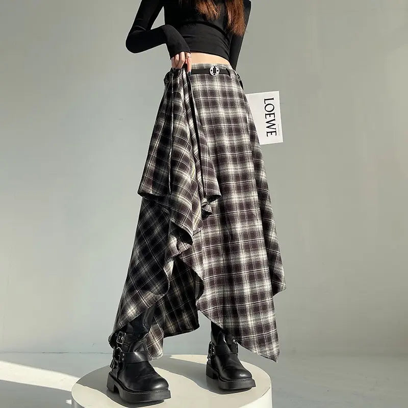 Long Skirts Women Woolen Skirt 2025 Goth Lolita Autumn Winter High Waist Ruffles Asymmetrical Plaid Skirt Maxi With Belt