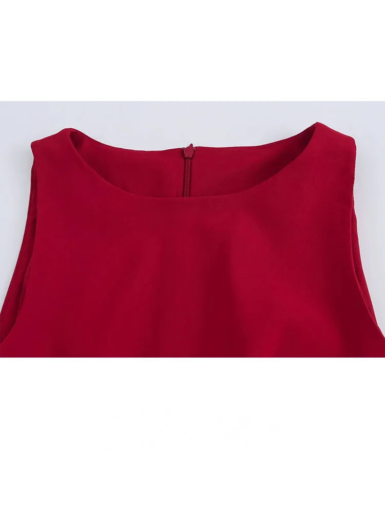 HH Women Summer Crop Waist Opening Folds Design Midi Dress Female Fashion O-Neck Back Zipper Sleeveless 3 Color Slim Dresses