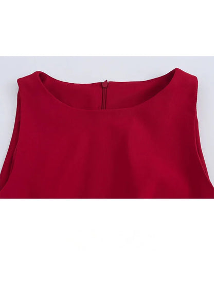 HH Women Summer Crop Waist Opening Folds Design Midi Dress Female Fashion O-Neck Back Zipper Sleeveless 3 Color Slim Dresses