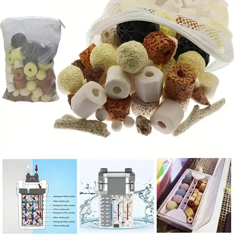 420g Premium Aquarium Filter Media in Mesh Bag with Ceramic Rings, Activated Carbon, Etc. Enhances Filtration & Water Quality