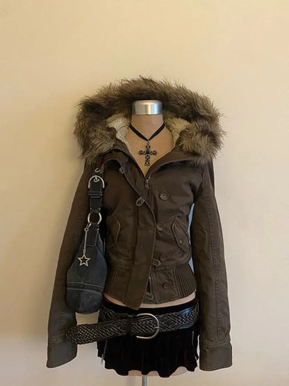 Vintage Popular New Fashion Fur Collar Jacket Female Street Hip Hop Casual Joker Loose Padded Velvet Cotton-padded Jacket Coats