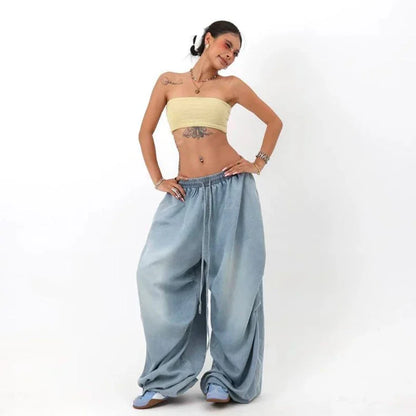 Autumn Oversized Women Wide Leg Jeans Y2K Hip Hop Streetwear Loose Denim Pants High Waist Drawstring All Match Straight Trousers