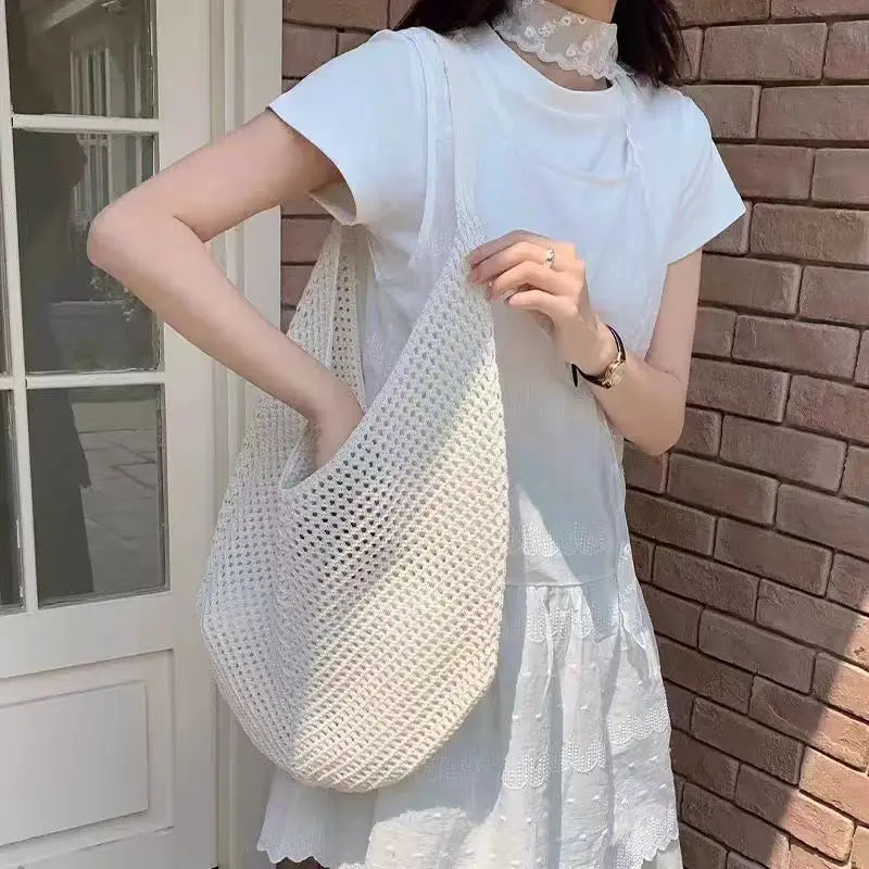 Fashion Women's Hollow Woven Shoulder Bags Large Capacity Knitting Underarm Bag Solid Crochet Tote Handbag Summer Mesh Beach Bag