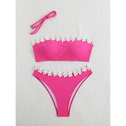 Sexy Solid Floral Strapless Bikini 2 Piece Set Women Split Swimsuit Beach Bikinis 2025 New Summer Swimwear Bikinis Set