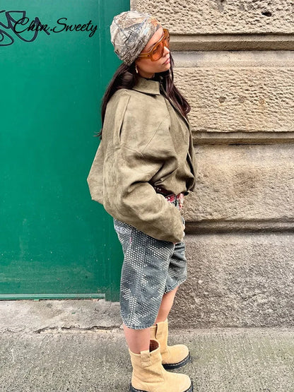 Casual Women's Suede Short Jacket Green Loose Lapel Long Sleeve Zipper Thick Coat 2025 Spring Lady High Street New in Outwears
