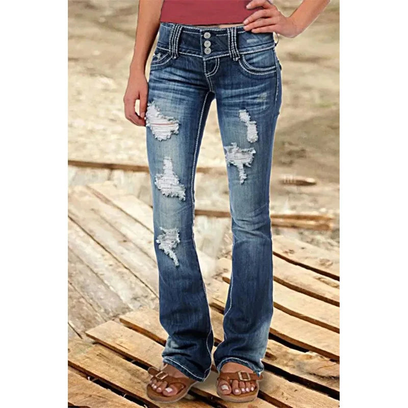 Women Pants with Low-rise Ripped Jeans Retro Fashion Trousers Korean Versatile Straight Women Wide-leg Pants Baggy Jeans Women