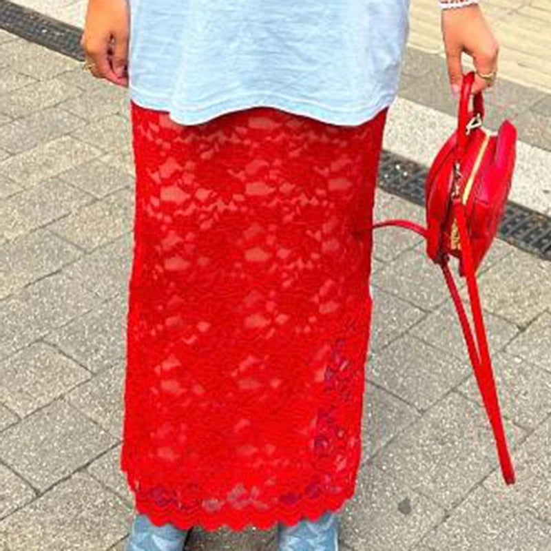 Women Lace Sheer Maxi Skirts Elegant High Waist See-Through Midi Skirts Fairy Coquette Cover-ups Long Skirts Y2k Pretty Outfits