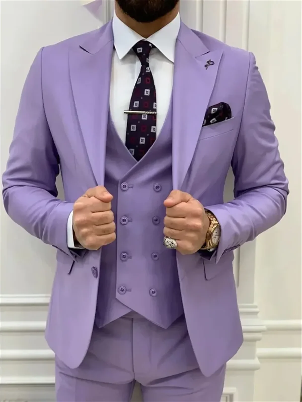 3 Piece Light Purple Men's Suits  Elegant Full Set Single Breasted Peaked Lapel Formal Outwear（Jacket+Pants+Vest) Costume