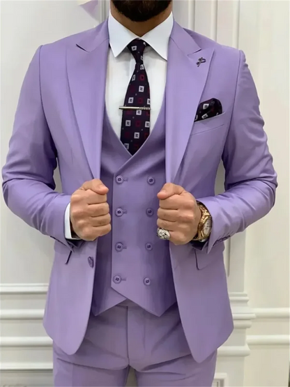 3 Piece Light Purple Men's Suits  Elegant Full Set Single Breasted Peaked Lapel Formal Outwear（Jacket+Pants+Vest) Costume