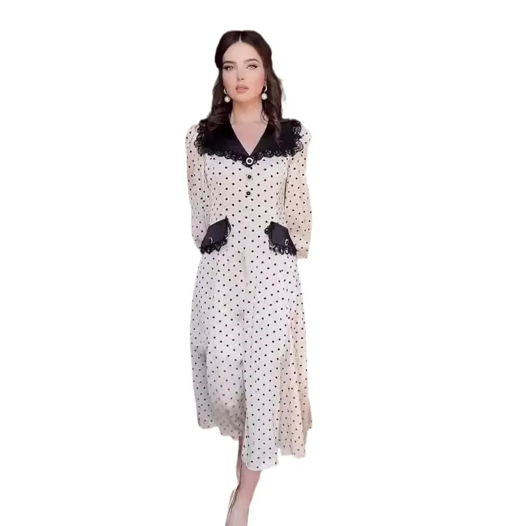Fashion Slim Print Women'S Dress Elegant Doll Collar Long Sleeve Office Midi Dresses Casual High Waist Female Dress