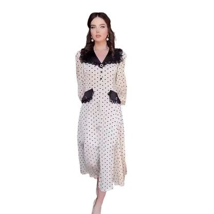 Fashion Slim Print Women'S Dress Elegant Doll Collar Long Sleeve Office Midi Dresses Casual High Waist Female Dress
