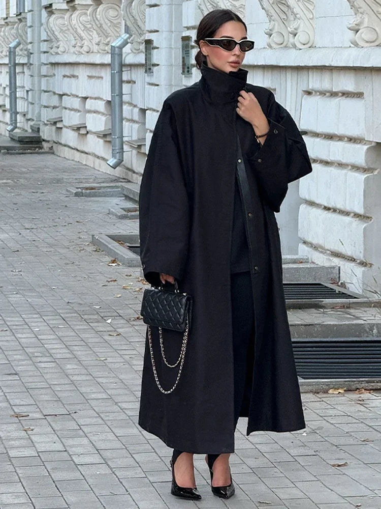 Women's Windproof Trench Coat Chic Long Sleeve Loose Fit Overcoats Stand Collar Long Jackets 2025 Lady Street Fashion Outerwears